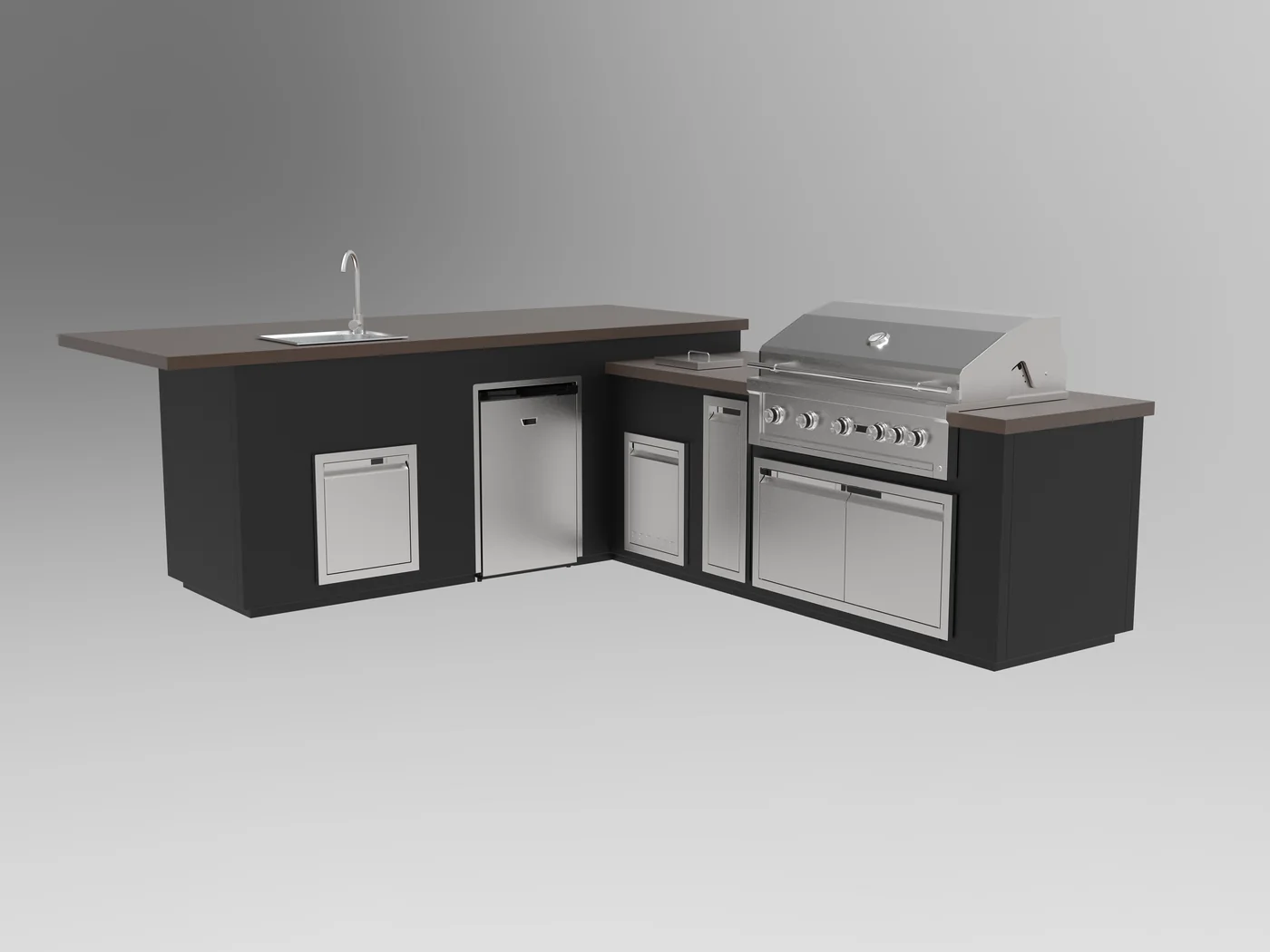 An L-shaped outdoor kitchen run with a built-in grill, sink, refrigeration and counter space
